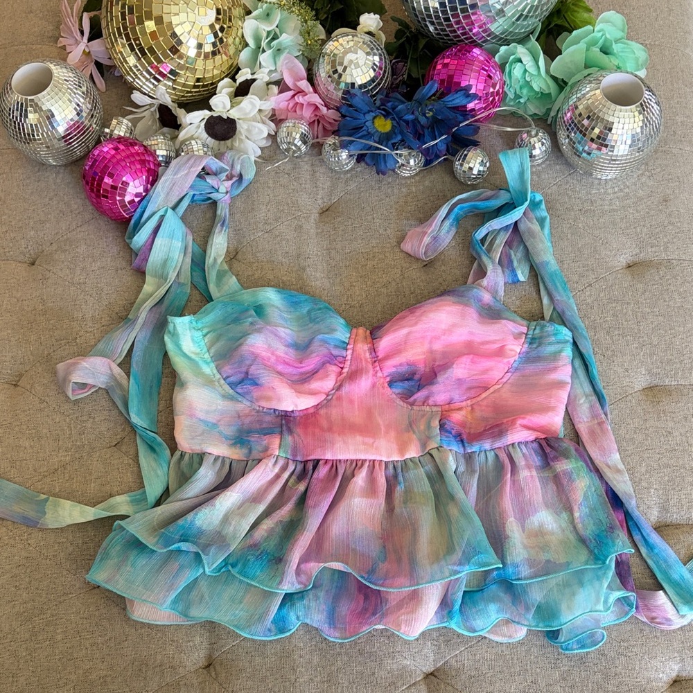 Pastel Tie-Dye Halter Camisole Top - Pink Blue